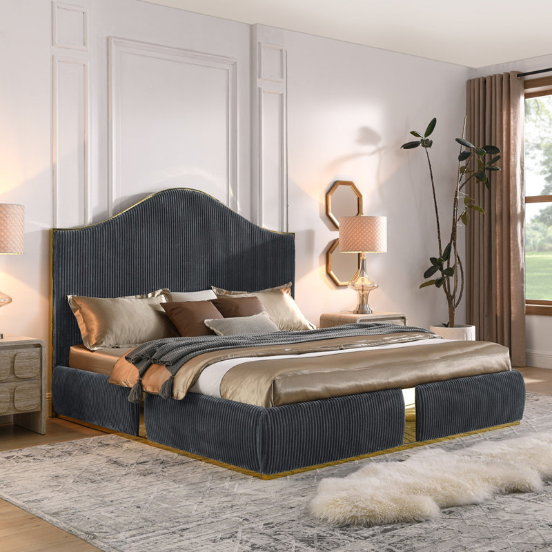 Corduroy Upholstered King Size Bed Everly Quinn Color Beige Gold